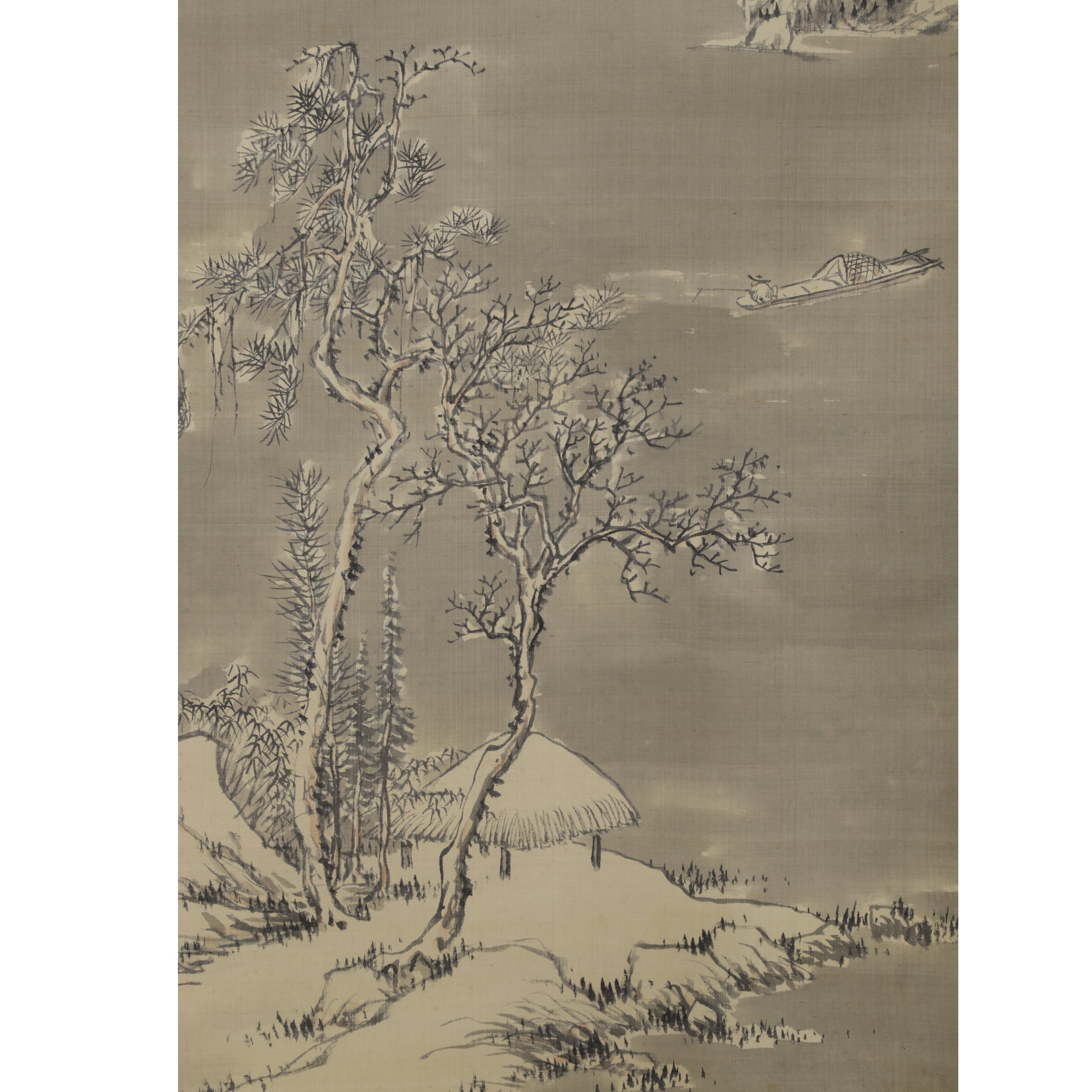 二拍)山海經拍賣-疑清代水墨立軸雪江釣客款不識絹本(MA-GAMG09JH)AU